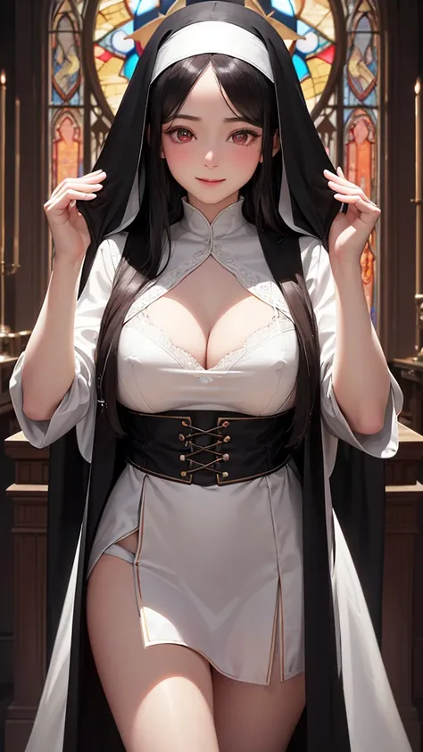 A beautiful, smiling nun in a white habit, with long black hair and red eyes, set against a background of a bedroom, with a fantastical, ethereal atmosphere, accented by shimmering particles of light, reminiscent of stained glass, (best quality,4k,8k,highr...