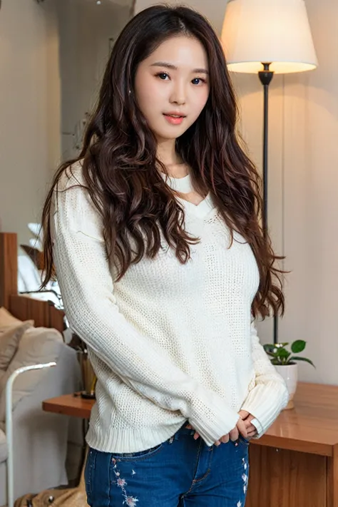 araffe asian woman with long hair wearing a white sweater and jeans, gorgeous young korean woman, beautiful young korean woman, ...