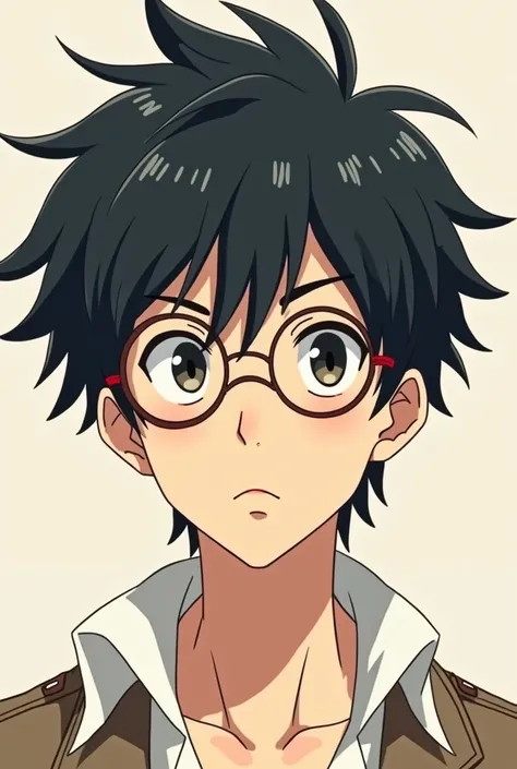 Anime guy , black hair , circle glasses, lazy eye 