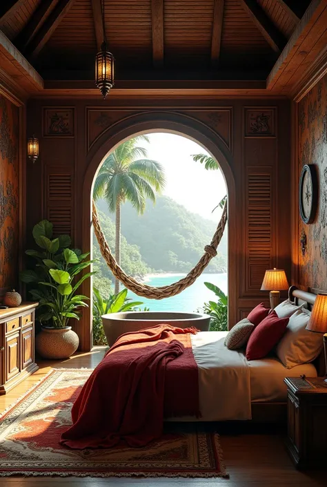 {cinematic scene, 4K ultra-realistic rendering with a luxury bungalow and pirate-inspired style} A luxurious, pirate-inspired bungalow bedroom overlooking a tropical lagoon. The space features rich, dark wooden walls adorned with hanging tropical flowers a...