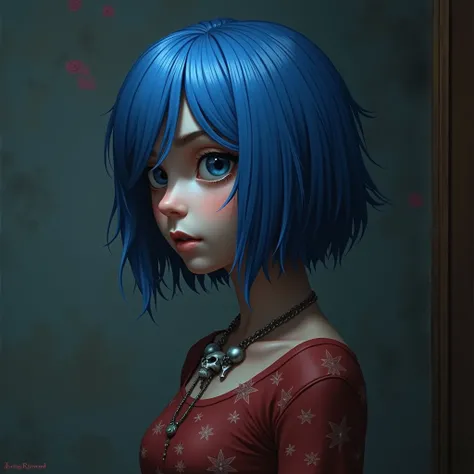 arafed woman with blue hair and a skull necklace and gorro de azul fuerte standing in front of a mirror, cloe price, cloe price from Life is strange, Life is strange, blue short hair woman, Portrait of Max Caulfield, girl with blue hair, Still from the 2D ...