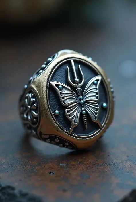 I want you to design a graduation ring that combines the symbols of the psychology trident and the butterfly.
