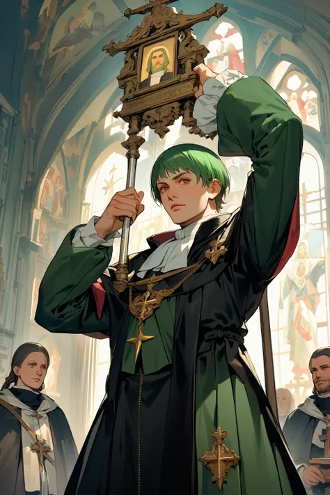 Martin Luther, green hair, reformer, religious icon, influential historical figure, German theologian, leader of the Protestant Reformation, symbolic portrait, strong presence, deep conviction.40 yo,