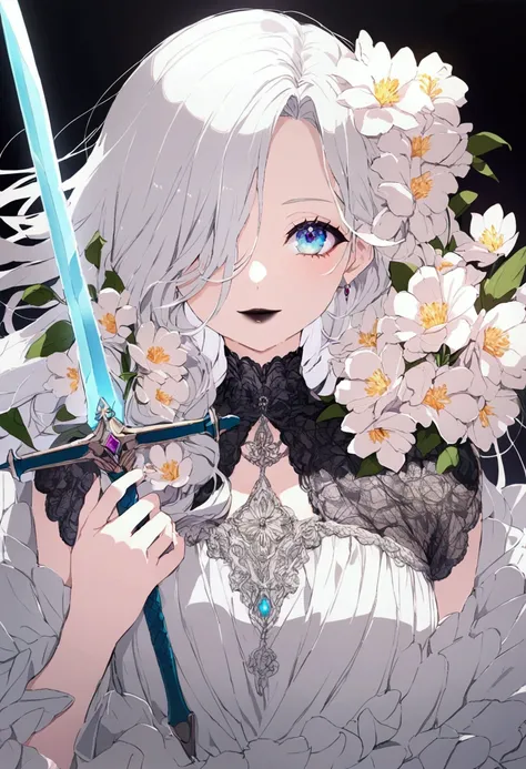 straight white hair covering her eyes, blue eyes, black lipstick, big smile, vintage white dress flowered with pastel colored flowers, she is breaking a sword