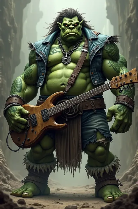 Create a green-skinned orc who is a heavy metal fan and is 2 meters tall and is both muscular and fat at the same time in world 