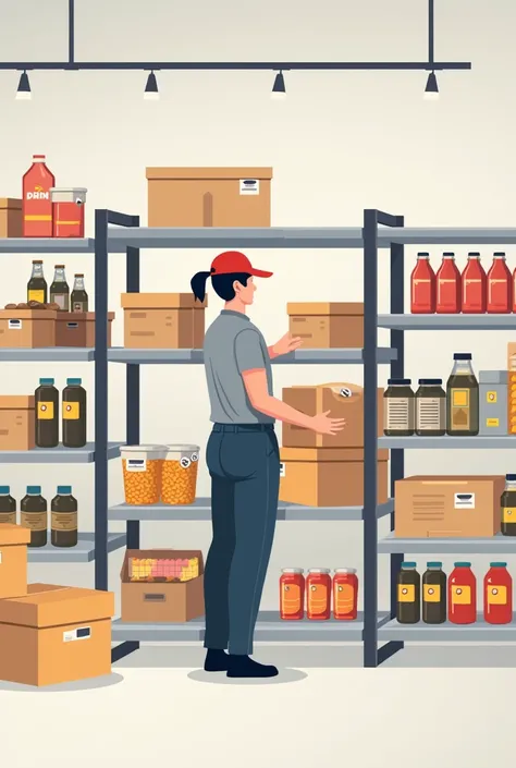 Generate a simple vector illustration, of a person replenishing food products in stock in an organized manner
