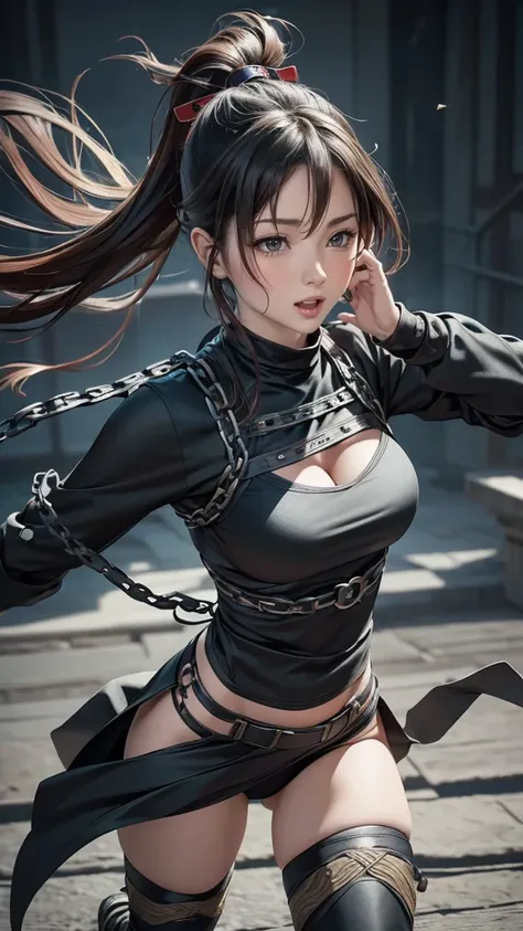 a female ninja kunoichi, intricate ninja techniques, chains flying from all directions, random chain motions, chains flying towards the camera, a sense of depth and distance, (best quality,4k,8k,highres,masterpiece:1.2),ultra-detailed,(realistic,photoreali...