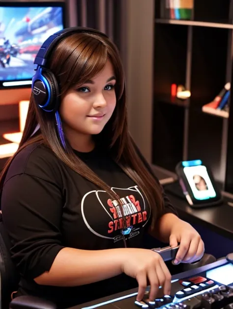 A chunky beautiful young woman playing video games at a gaming desk setup, long brown hair