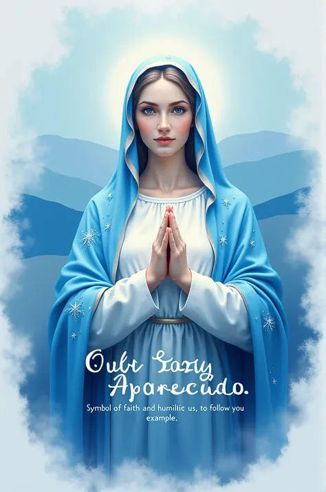 Create a printed t-shirt related to the phrase "Our Lady Aparecida, symbol of faith and humility, teach us to follow your example" and that has this phrase written use shades of blue