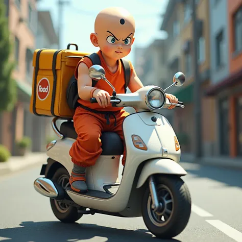 Dragon Ball&#39;s Kuririn with his 6 marks on his forehead, in fighting clothes on top of a white motorcycle with an ifood delivery man&#39;s backpack