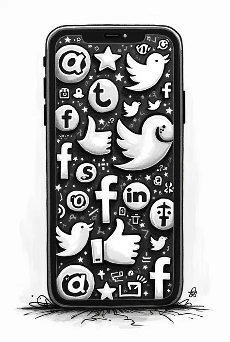 Make a black and white drawing about how social networks are a medium for everything, Let it be an abstract drawing but easy to understand Let it be on a cell phone and inside it have something about social networks and abstract with graffiti

