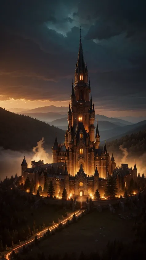 a mystical fire kingdom, a castle, villages, burning forest, dramatic lighting, cinematic, volumetric lighting, dynamic composition, highly detailed, 8k, photorealistic, lush vegetation, intricate architecture, glowing embers, dramatic shadows, warm color ...