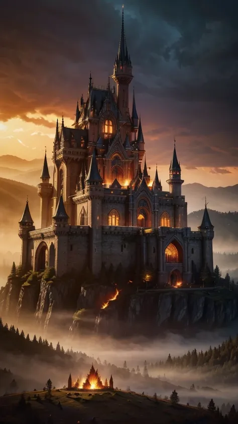 a mystical fire kingdom, a castle, villages, burning forest, dramatic lighting, cinematic, volumetric lighting, dynamic composition, highly detailed, 8k, photorealistic, lush vegetation, intricate architecture, glowing embers, dramatic shadows, warm color ...