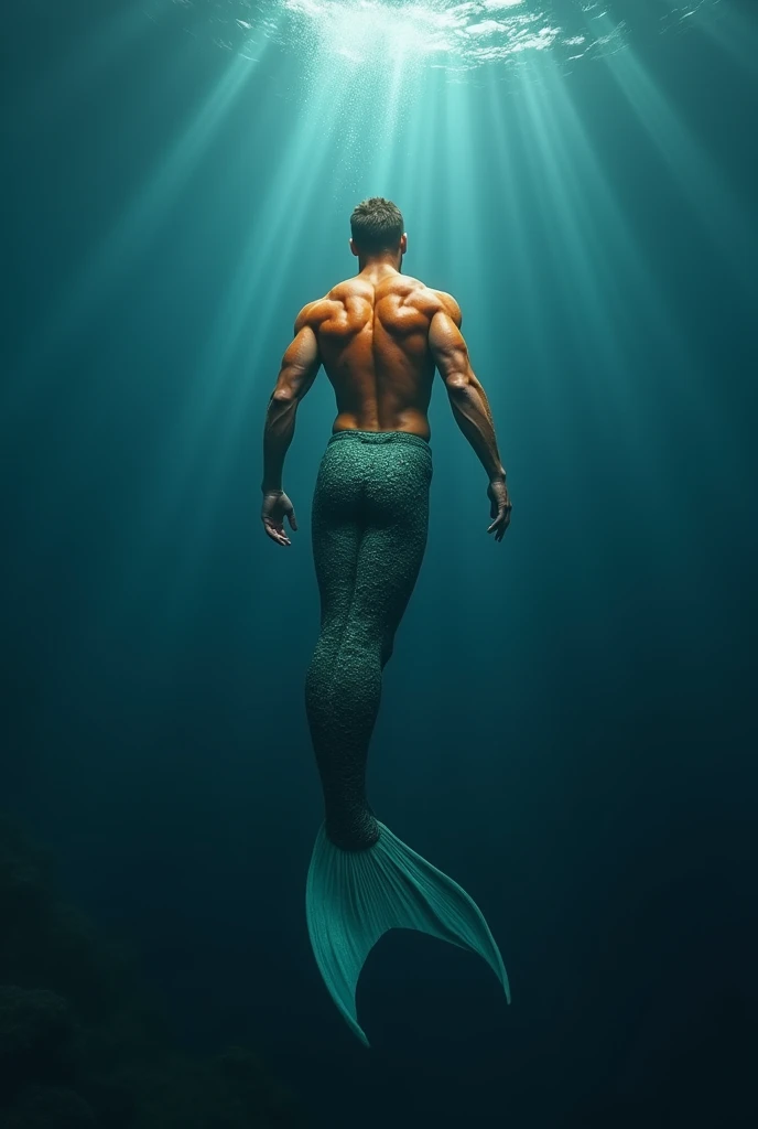 realistic photo of a newt (be half fish half human) strong and handsome male merman in the dark seabed, it illuminated only by a ray of light, he swimming towards the surface, deep blue ocean, with an air of immensity, the character with orange syrup and c...