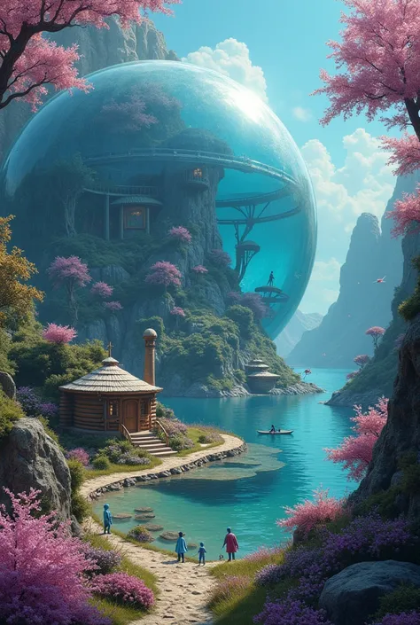 A fantasy world and a very giant bubble, dome-shaped, Within this there is a fantastic ecosystem with vibrant colors like cyan, violet, rosado, green, blue. En este mundo habran seres diminutos humanoides con piel blue que se encuentran dentro de la burbuj...