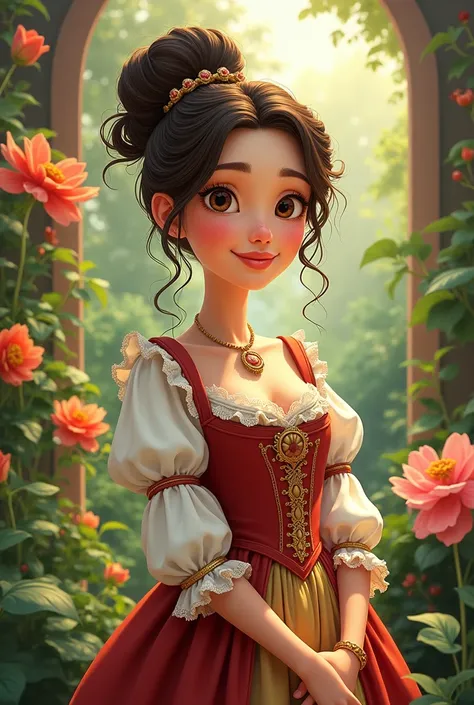 Drawings Female lineart character in Pixar style with Renaissance clothing on the side with a garden background as if it were hand drawn 