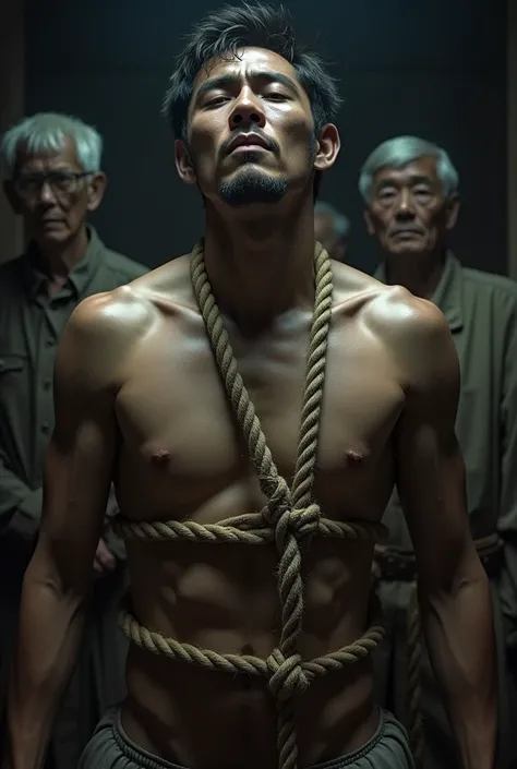 1boy、Handsome Men、Japanese male, 、Completely naked、Full nudity、erection、Huge penis、Slim body、Highest quality、Realistic、beautiful、Sad look、 ((((Completely tied up with rope)))), ((((A very tight rope is crisscrossed over the chest)))),(((Body bound with tig...