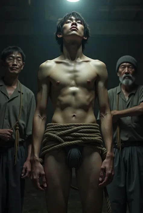 1boy、Handsome Men、Japanese male, 、Completely naked、Full nudity、erection、Huge penis、Slim body、Highest quality、Realistic、beautiful、Sad look、 ((((Completely tied up with rope)))), ((((A very tight rope is crisscrossed over the chest)))),(((Body bound with tig...