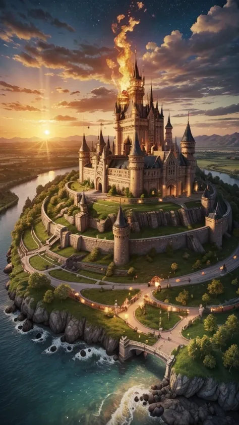 A kingdom of fire with a great castle in the center, small houses around and flaming rivers that surround the place along with its lush vegetation, in the skies the sun shines along with its golden dragons 