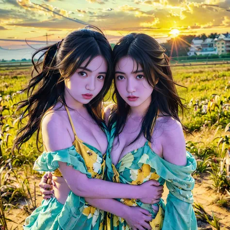 (masterpiece), (Highest quality), photograph, Identical twin sisters, Portraiture, side look Portraiture, winning award photograph, Messy Hair, the wind is strong, Outdoor, sunset, Sexy Dress