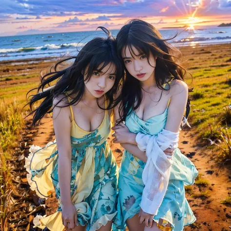 (masterpiece), (Highest quality), photograph, Identical twin sisters, Portraiture, side look Portraiture, winning award photograph, Messy Hair, the wind is strong, Outdoor, sunset, Sexy Dress