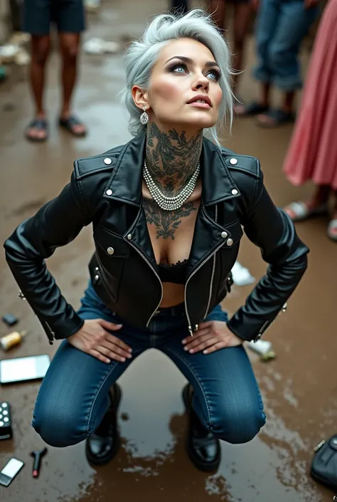 russian milf woman, grey  hair (high pompadour, top bun), with very light blue eyes, extremely pale skin. All neck tattooed. Hands and forearms all tattooed. Wearing cropped aged black moto jacket with lots of zippers and pins, flipped up collar.. black la...