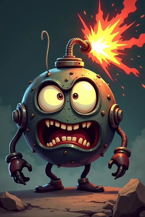 A bomb with eyes in a cartoon style, very angry and about to blow up black