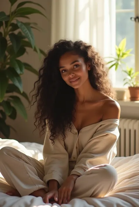 (photorealism:1.2), beautiful woman, sitting on bed, wearing loose off-shoulder top, pajama pants, long curly hair, indoors, soft lighting, plants in background, window with sunlight, cozy room, relaxed pose, realistic, intricate details, dont wear clothes...