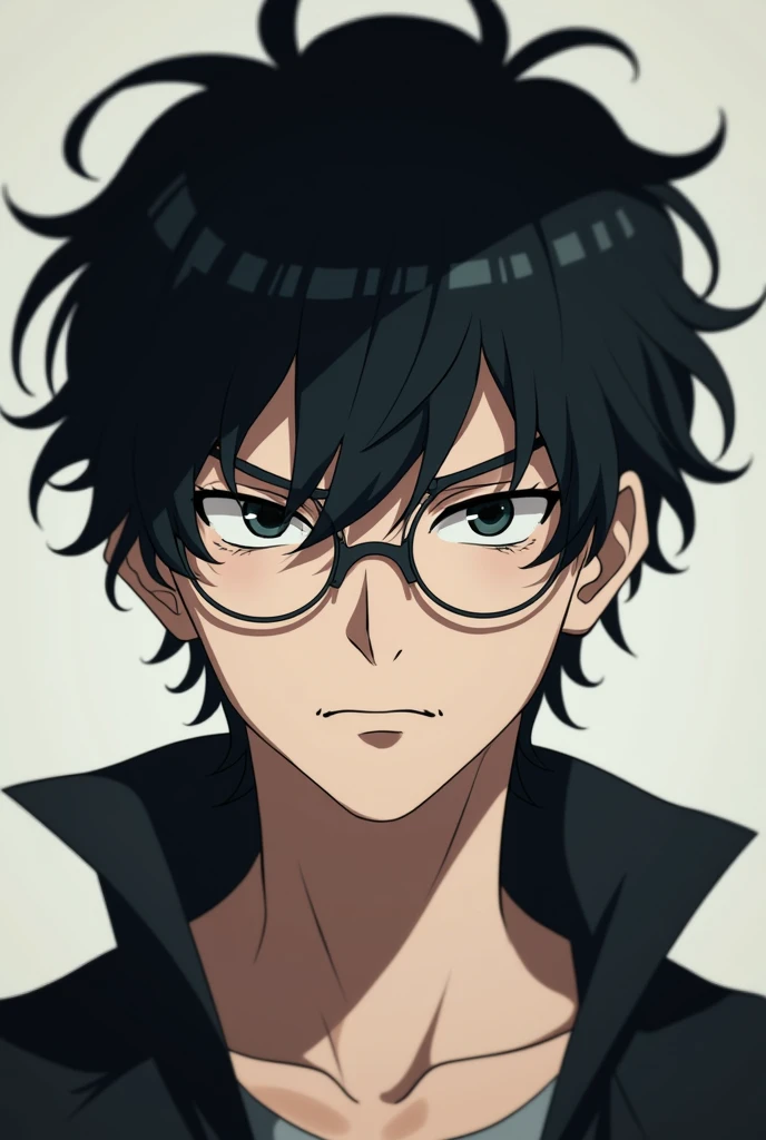 Handsome anime guy , black hair , thin circle glasses, sleep eye curly hair , angry face , black eye ,  white skin, no color on the lips , hair all down,
Short hair