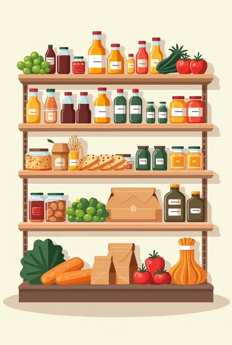 Generate a simple vector illustration, of a market shelf with organized food products