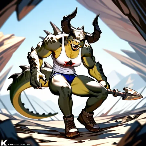 (((Masterpiece))), ((4k)), (best body), Solo, score_9,score_8_up,score_7_up, kemono style, Anthro deathclaw from fallout, Anthro reptile girl, snout, green scaled skin, gold eyes, black lips, black horns, black ram horns, athletic body, smiling, wearing br...