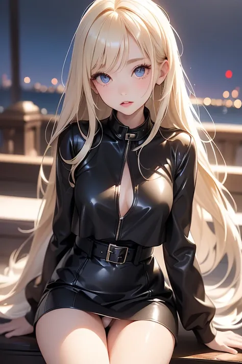 ((Highest quality)), ((masterpiece)), (detailed),Perfect Anatomy，Natural Light,In the city where buildings stand side by side,Night Scenery,A very cute, baby-faced, black-haired woman,((Highest quality, 8k, masterpiece: 1.3, )),A woman with very small brea...