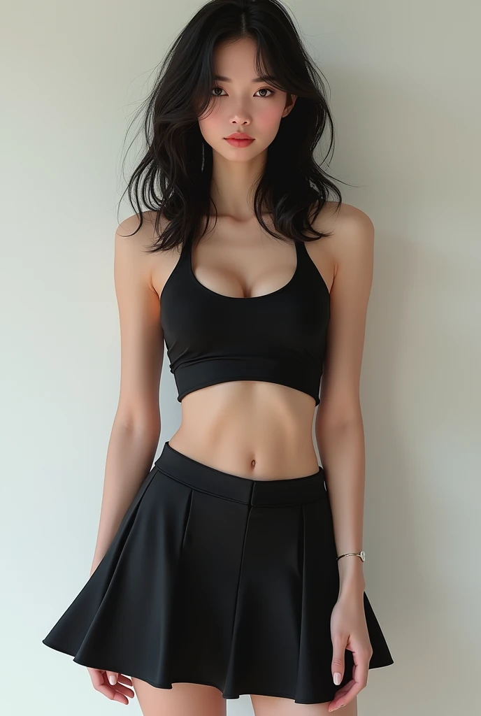  skinny white girl with black hair in a crop top shirt and a mini skirt full body. 
