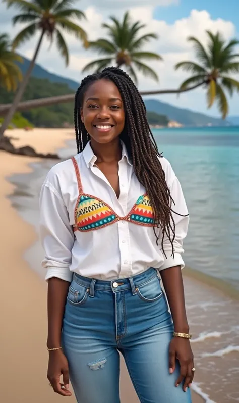 African American woman with fancy hair in bikini on the beach 