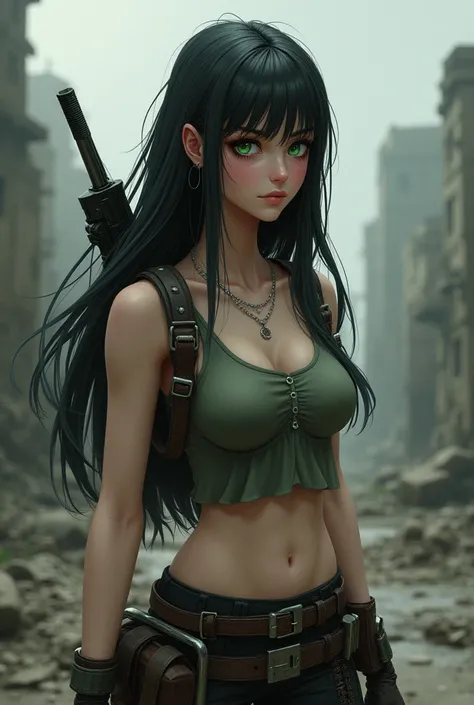 Ctea a girl from a zombie video game, He has long black hair and a white lock, has bangs. His eyes are big and green, She is attractive, She has very pale skin with pink undertones. He is standing holding a gun in his hands with a happy expression. Her clo...