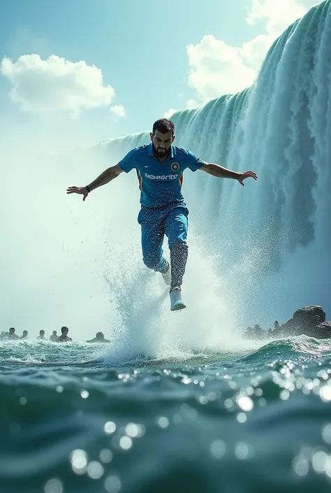 MS Dhoni with short hair jump in the niagara waterfall