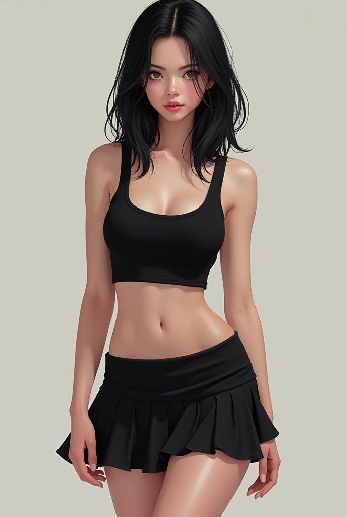  skinny white girl with black hair in a crop top shirt and a mini skirt full body. 
