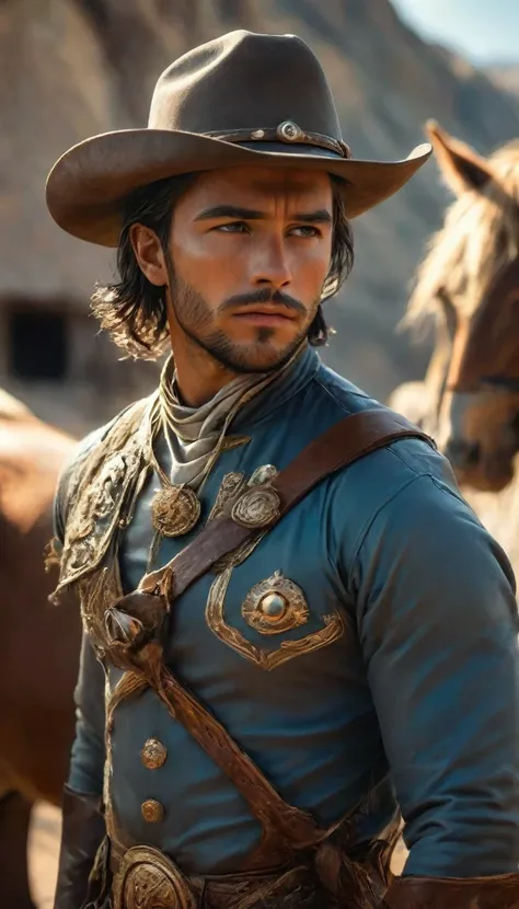 Realist:1.3,( fotorRealista, 8k, RAW Photos, premium quality, work of art, epic lighting. close up, Centered image), (foreground),((1 Wild West cowboy riding his horse:1.5, perfectly detailed face and body, (General plan, cuerpo entero de pie a cabeza Cent...