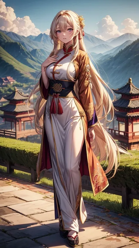 long golden colored hair, Traditional Chinese clothing, hand drawn, violet colored eyes, slenderbody, medium bust, Full-body image,realisitic, HD 8k, perfection, best qualityer, landscape landscape scenery.
