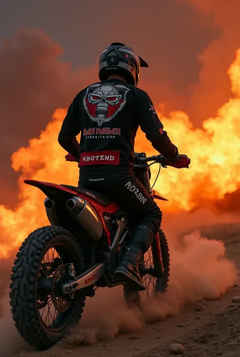 Cree une photo de profil, dun pilote de vtt de freeride, avec un style comme dans mad max, il a des flammes au tour de lui et il est debout, il y a derriere lui une chambre avec pleins de poster des annee 90 iron maiden, nirvan, black saabath, gun s roses,...