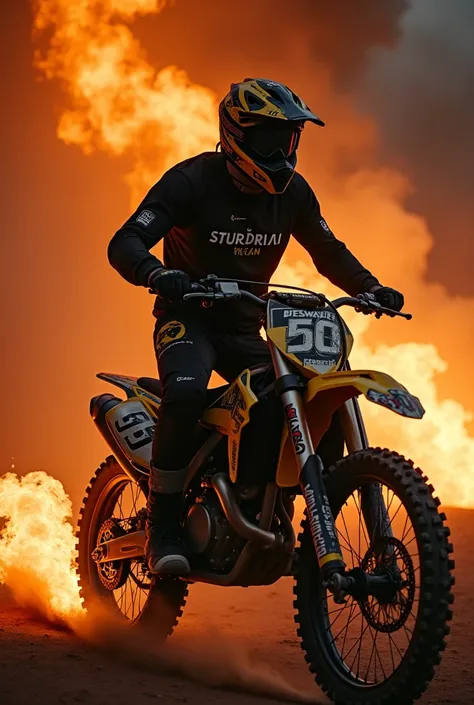 Cree une photo de profil, dun pilote de vtt de freeride, avec un style comme dans mad max, il a des flammes au tour de lui et il est debout, il y a derriere lui une chambre avec pleins de poster des annee 90 iron maiden, nirvan, black saabath, gun s roses,...