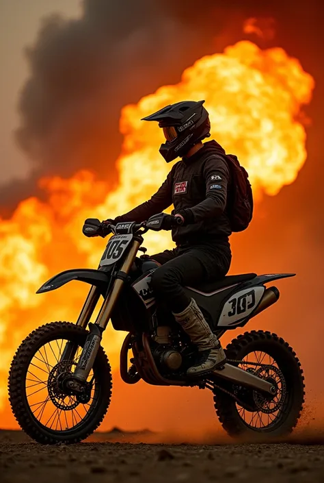 Cree une photo de profil, dun pilote de vtt de freeride, avec un style comme dans mad max, il a des flammes au tour de lui et il est debout, il y a derriere lui une chambre avec pleins de poster des annee 90 iron maiden, nirvan, black saabath, gun s roses,...