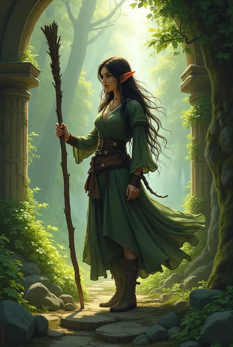 Create a dungeons and dragons character image of a female elf druid with light green skin, small lips, pointed ears long unkempt wild dark brown hair in a gray and dark green traveling outfit holding a wooden staff  in ruin in a forest