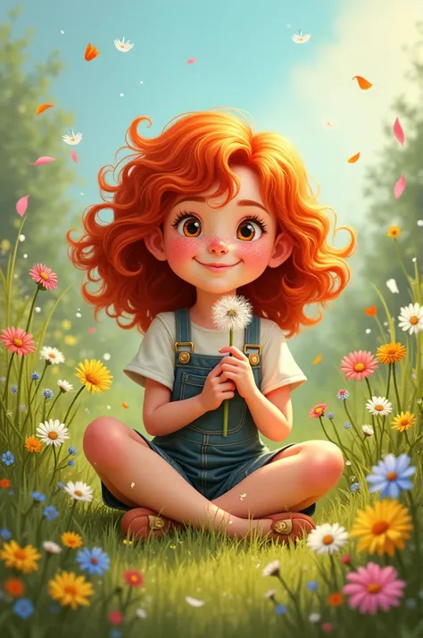 Funny red-haired girl sitting on the grass among flowers, dandelion in hand