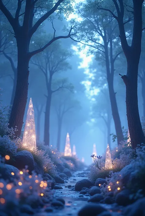 A mysterious crystal forest at twilight where the trees are made of crystal and emit a soft, glowing light. The ground is covered with delicate, luminescent flowers, and a gentle mist swirls around the base of the trees, giving the scene a magical, otherwo...