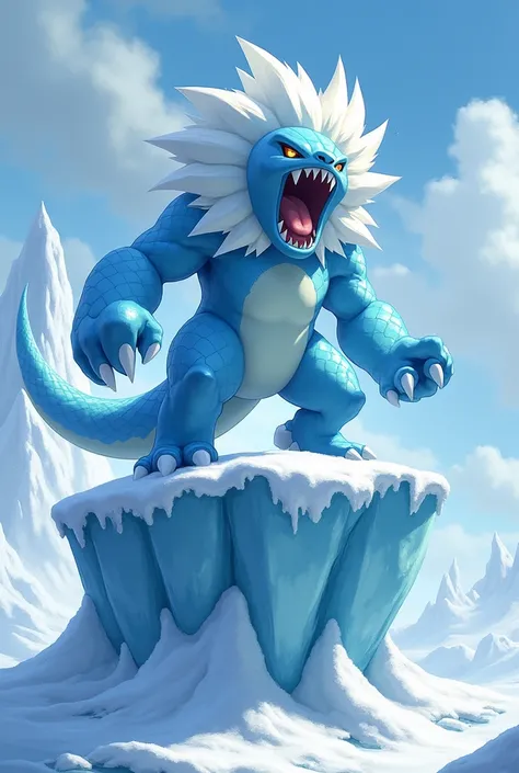 an art of the ice pokemon Frosaber, roaring on top of an ice stone.