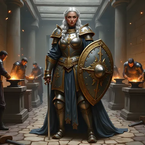 Generate a full body image of Thalindra Steelheart, an imposing guardian. Hyperrealistic art style in the style of detailed medieval paintings. Thalindra is a strong-built woman with tanned skin and silver hair braided with gold threads.. He wears heavy pl...