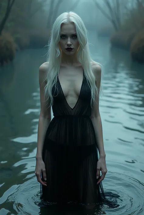 A beautiful woman with pale skin, wet very transparent black dress, long white hair, dramatic eye makeup, dark lips, moody expression, standing in shallow water, rippling water effects, dramatic lighting, dark gothic atmosphere, cinematic composition, phot...