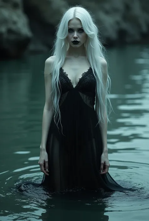 A beautiful woman with pale skin, wet very transparent black dress, long white hair, dramatic eye makeup, dark lips, moody expression, standing in shallow water, rippling water effects, dramatic lighting, dark gothic atmosphere, cinematic composition, phot...