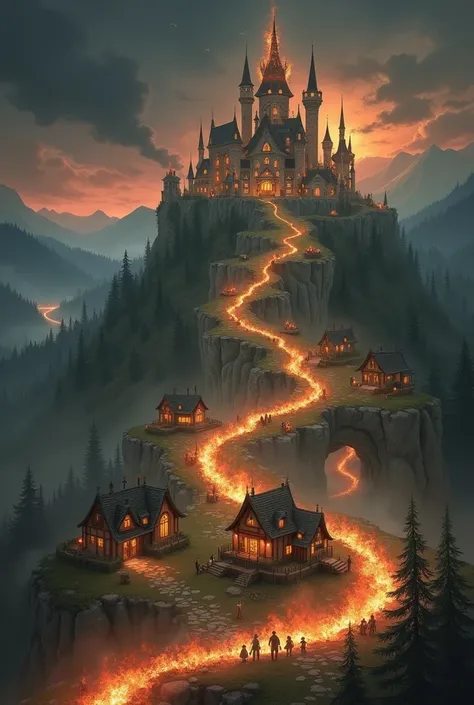 A mystical kingdom inspired by the element of fire, with a grand castle in the center and small houses around it. Next to a dense forest and flaming streams that surround the place. 